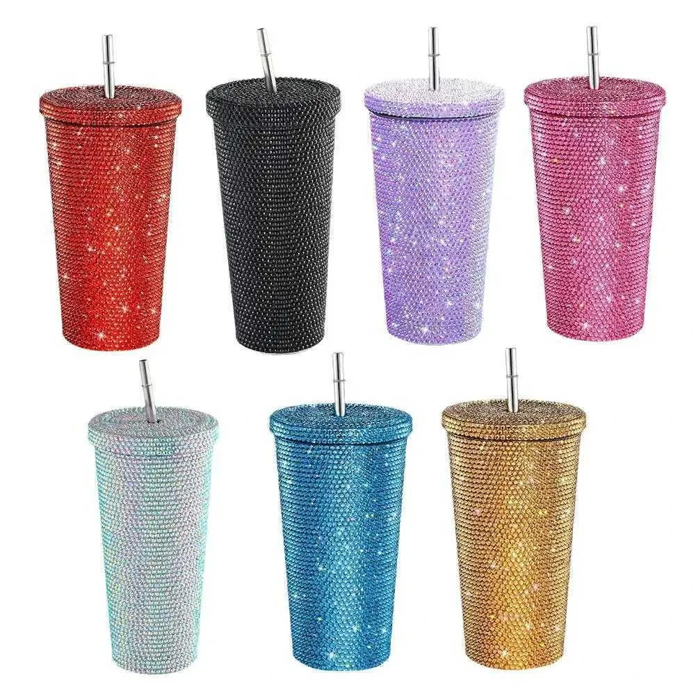 Tumblers 500/750ml Köpüklü Elmas Paslanmaz Çelik Yalıtımlı Kupa Saman Sadeleştirilmiş ve Zarif Glitter Su Şişesi H240425