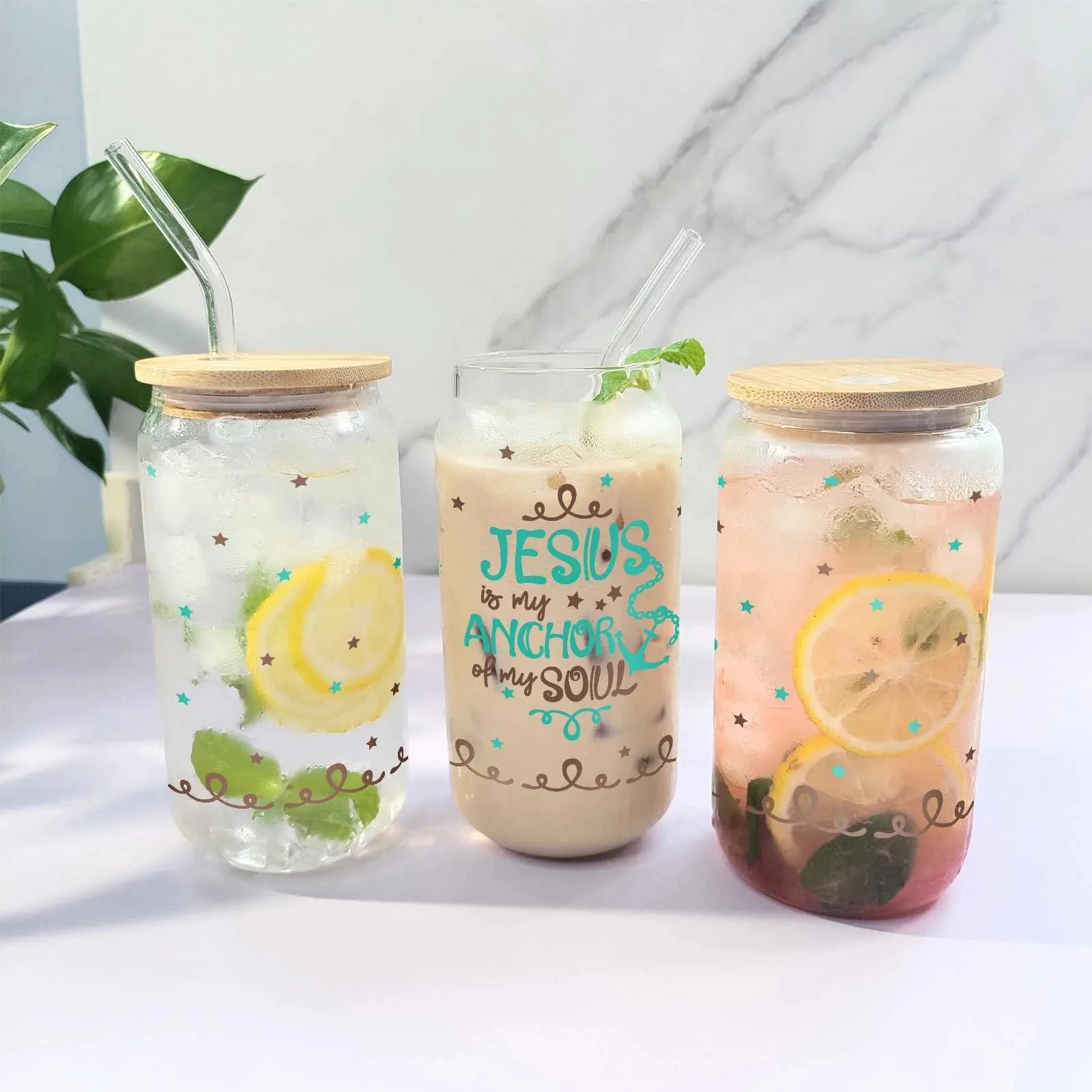 Tumblers 3D Print Jesus Series 16oz Libbey Glass Can Cup Cup Mason Water Bottles with Bamboo Lid Straw for Summer Drinkware H240425