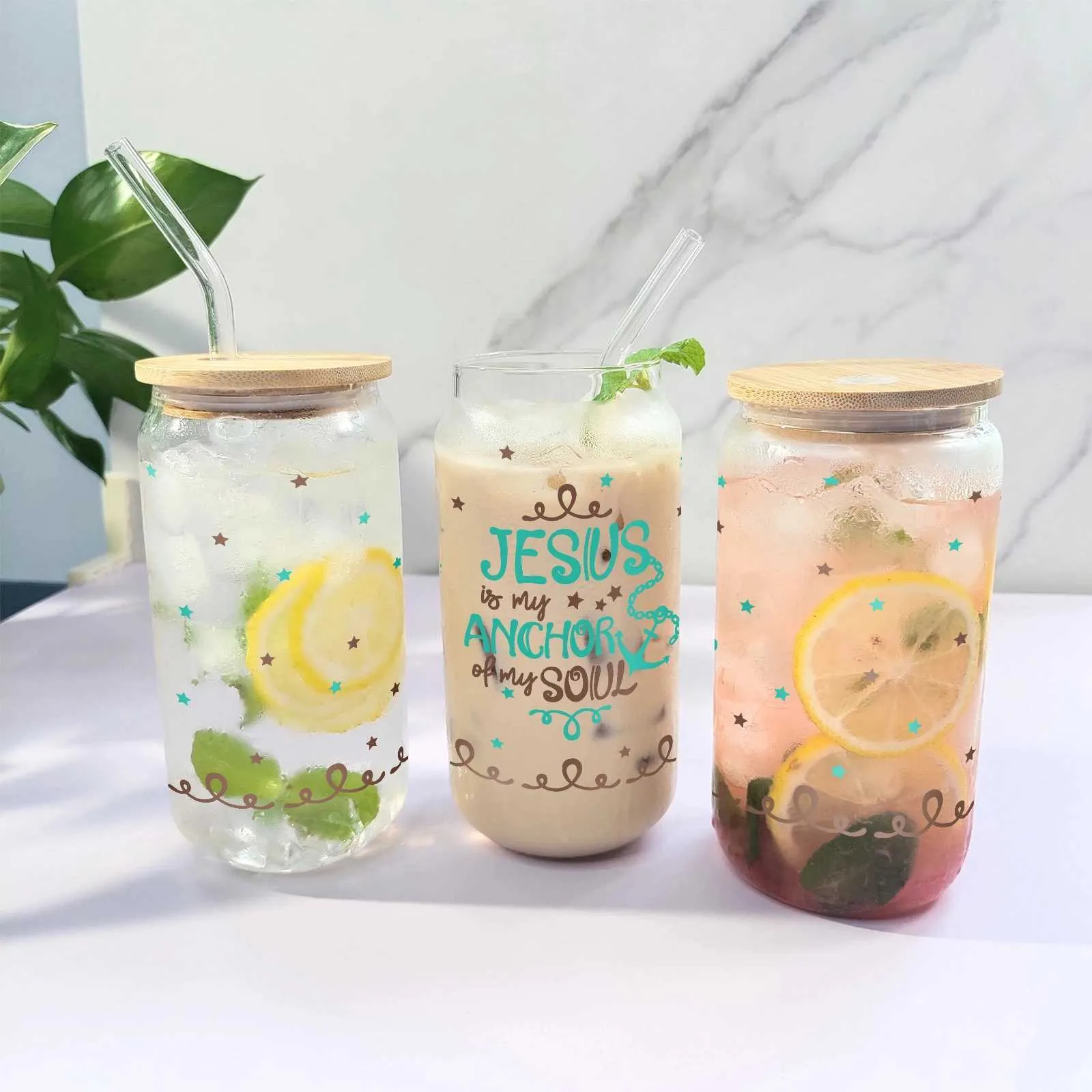 Tumblers 3D Print Jesus Series 16 unz libbey szkło puszki butelki z wodą mason z bambusową słomką na letnie naczynia h240425