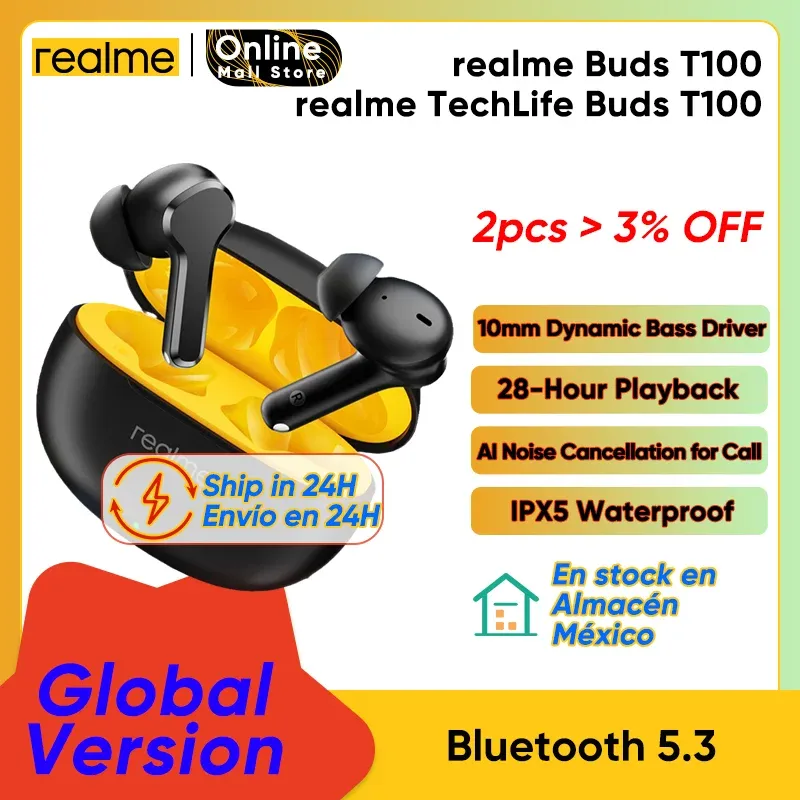 Écouteur Realme Buds T100 TWS EARPHELLE Version globale AL ENC CALL RÉDUCTION REALME TECHLIFE BUDS T100 Bluetooth