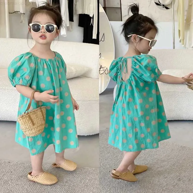 Mädchenkleider 3-8T Sommer Kinder Mädchen Kleid Tupfen gedruckt gedruckt Kurzschlärm Rückenfreie Prinzessin Kleider Kinder Baby Girls Strand Vestidosl2404