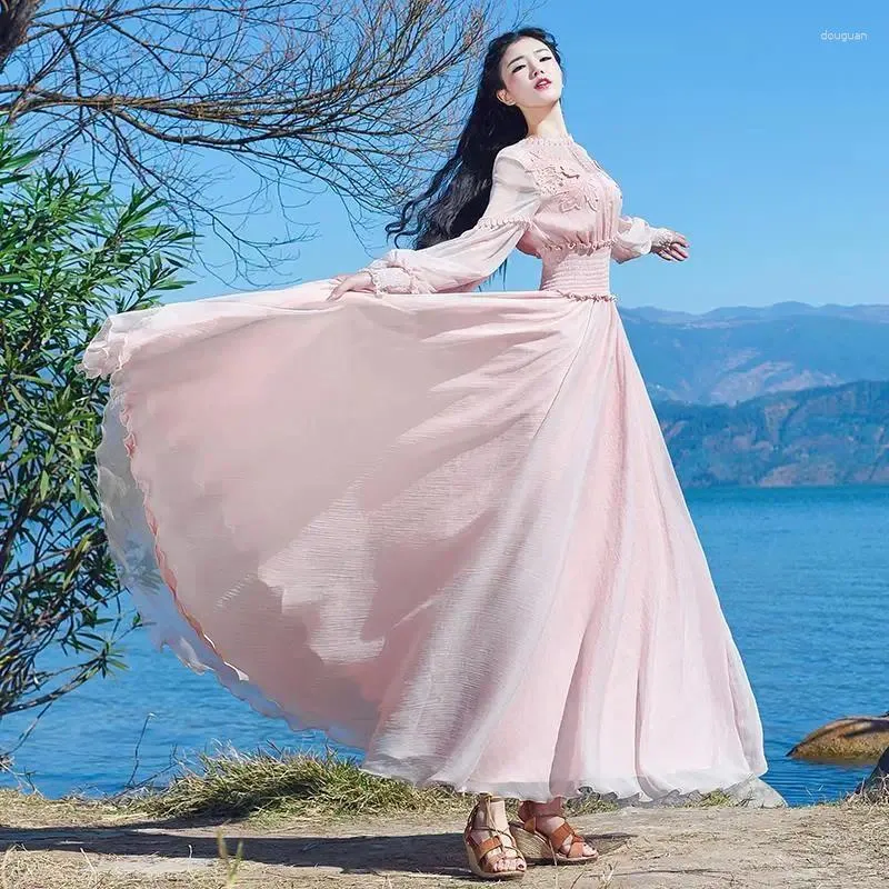 Sukienki swobodne węgla europejskie eleganckie sukienki kobiety letnie wakacje słodkie różowe długie rękawy średniej długości