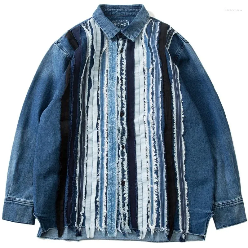 Men's Jackets Mens Denim Shirt Blue Dyed Rags Patchwork Fashion Washed Frayed Jeans Coat For Male