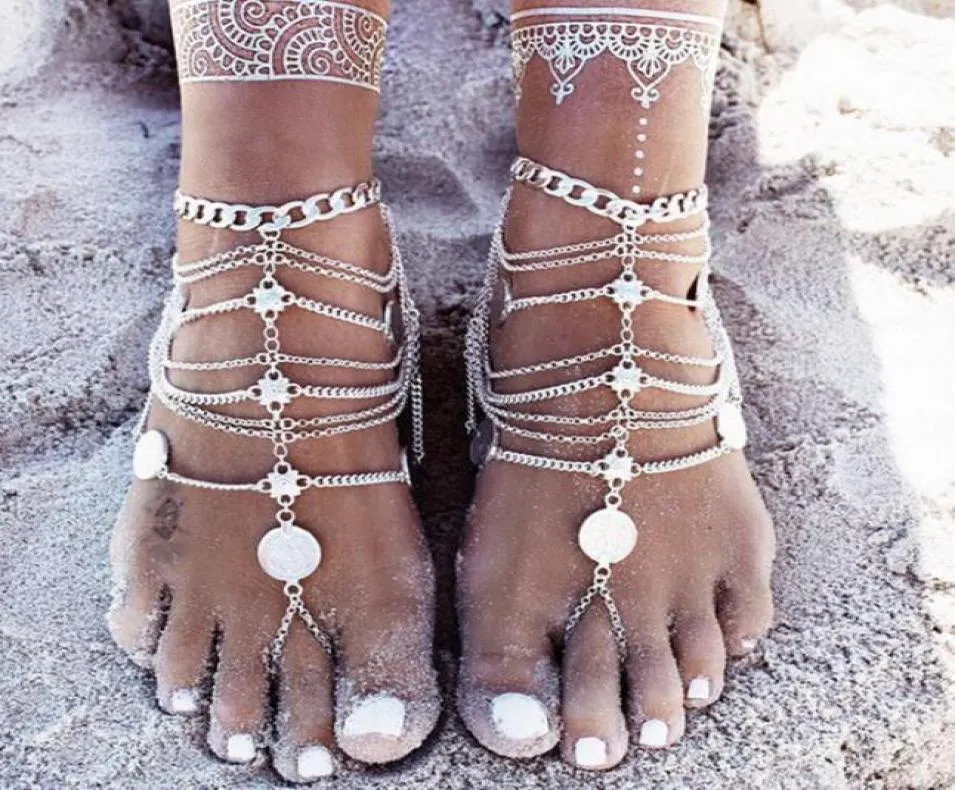 2018 New Fashion Summer Sexy Silver Tassel Anklet for Women Coin Pendant Chain Ankle Bracelet Foot Jewelry Barefoot Sanda Foot dec6341498