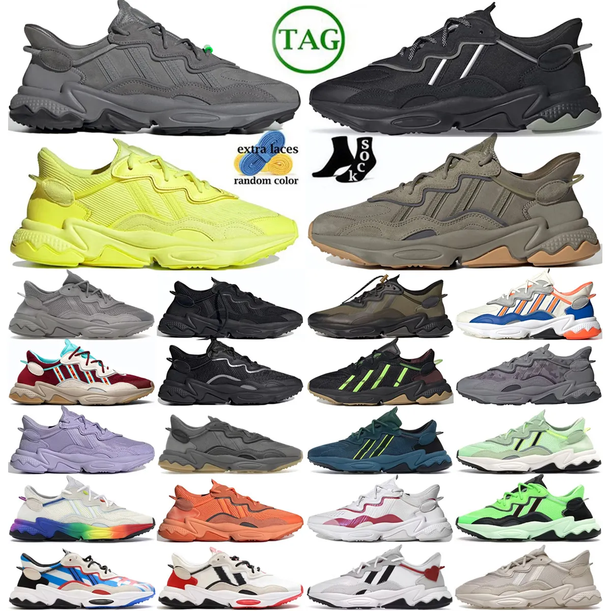 ozweego trainers Grey Solar Green Black Silver Metallic Frozen Yellow Five Gum Trace Cargo Pale Nude Chalk Pearl Bliss Knit Valentine's Day Pusha T Running Shoes