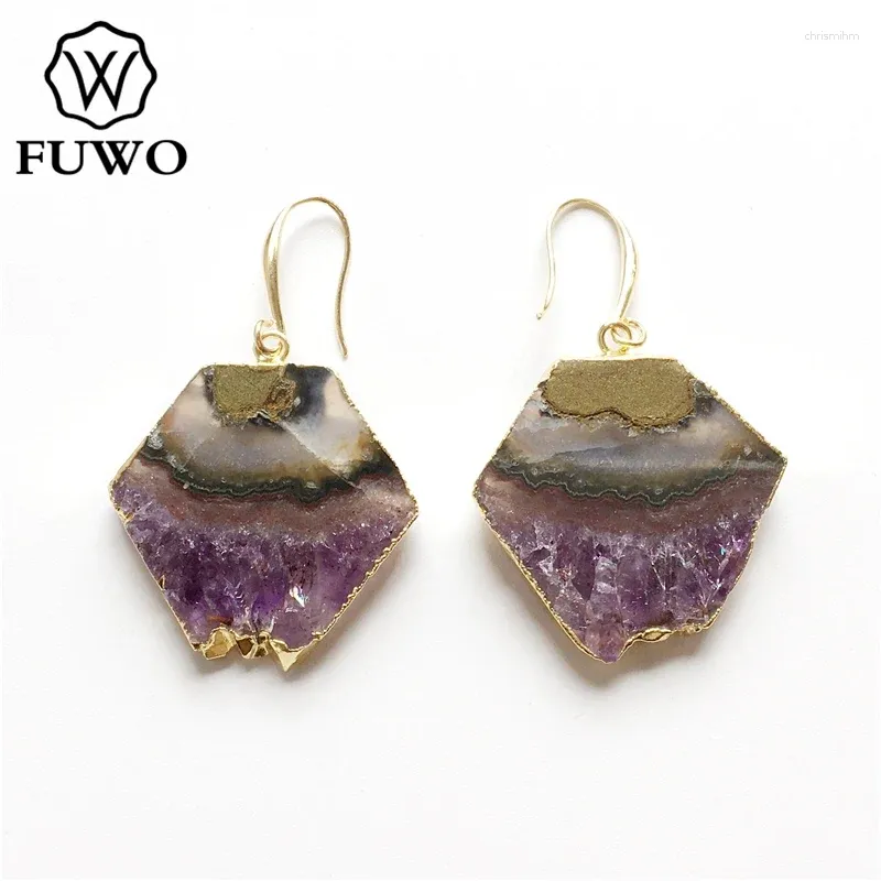 Dangle Earrings FUWO Trendy Women Natural Slice Purple Crystal Quartz Genuine Golden Plated Amethysts Jewelry For ER043