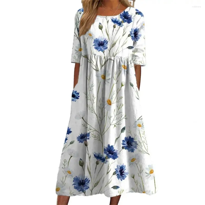 Partykleider 2024 Kurzarm Langes Vestidos Bohemian Blumen bedrucktes Strandkleid Sommer Femme Holiday Robe Women Casual Maxi Sundress