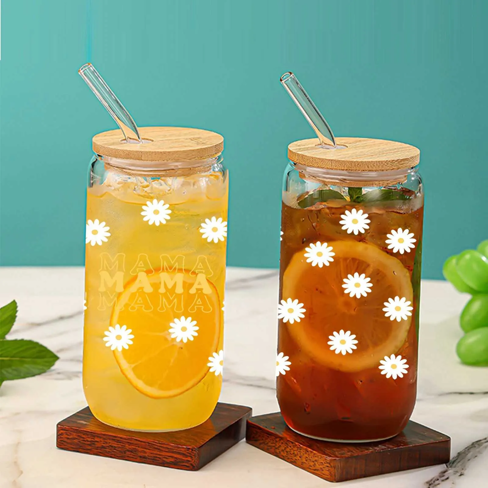 Gobelets Small Daisy motif de verre transparent le verre à boire avec un couvercle de bambou et une tasse de jus de paille pour les boissons chaudes / froides drinkware-mères jour cadeau h240425