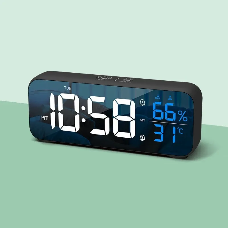 Uhrenstecker in Gebrauch Musik digitaler Wecker Temperatur Feuchtigkeit DST Touch Snooze Tisch Clock Dual Alarm 12/24H Nachtmodus LED Clock