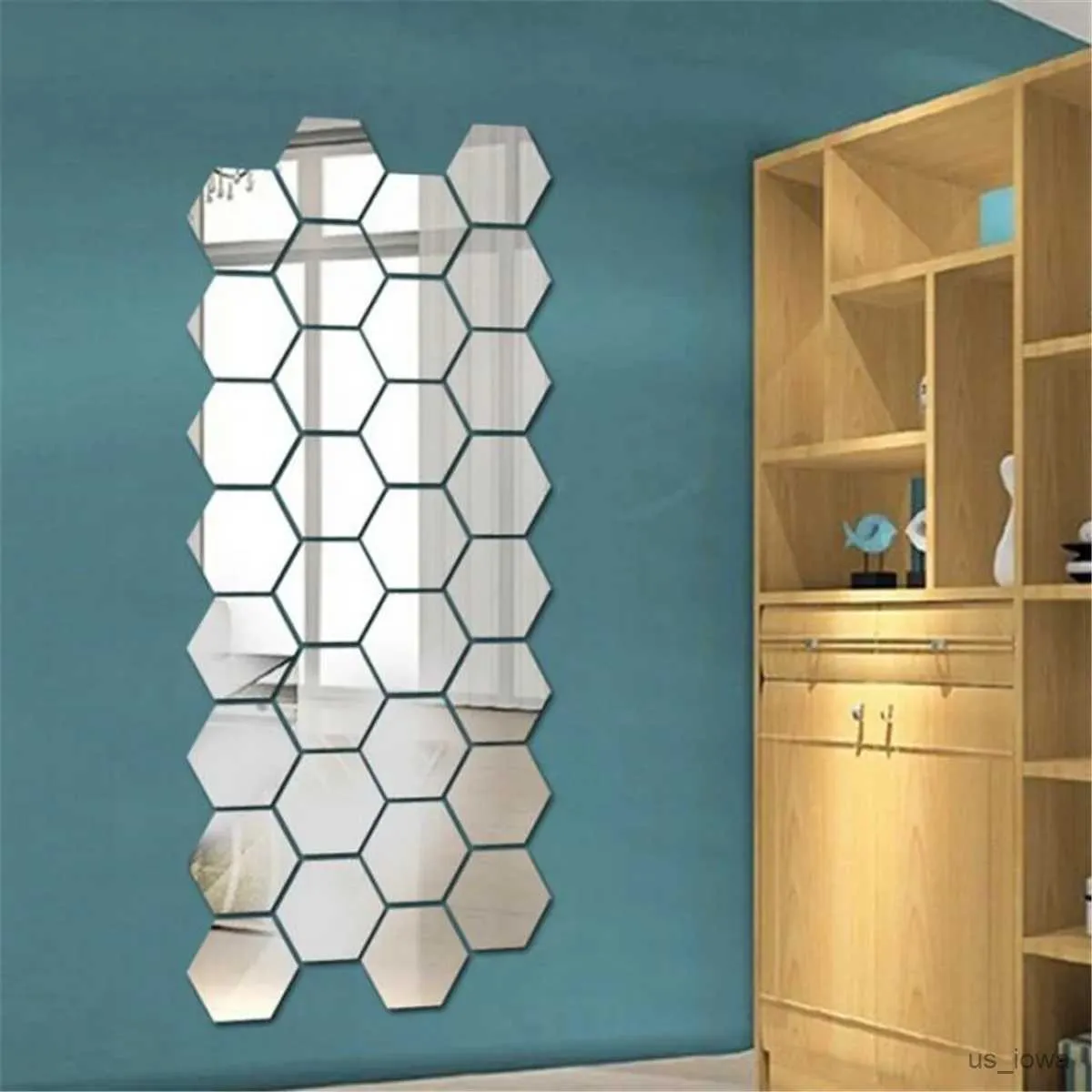 Miroirs 6 / 12pcs 3D Miroir mural autocollant à la maison Décorations hexagone bricolo