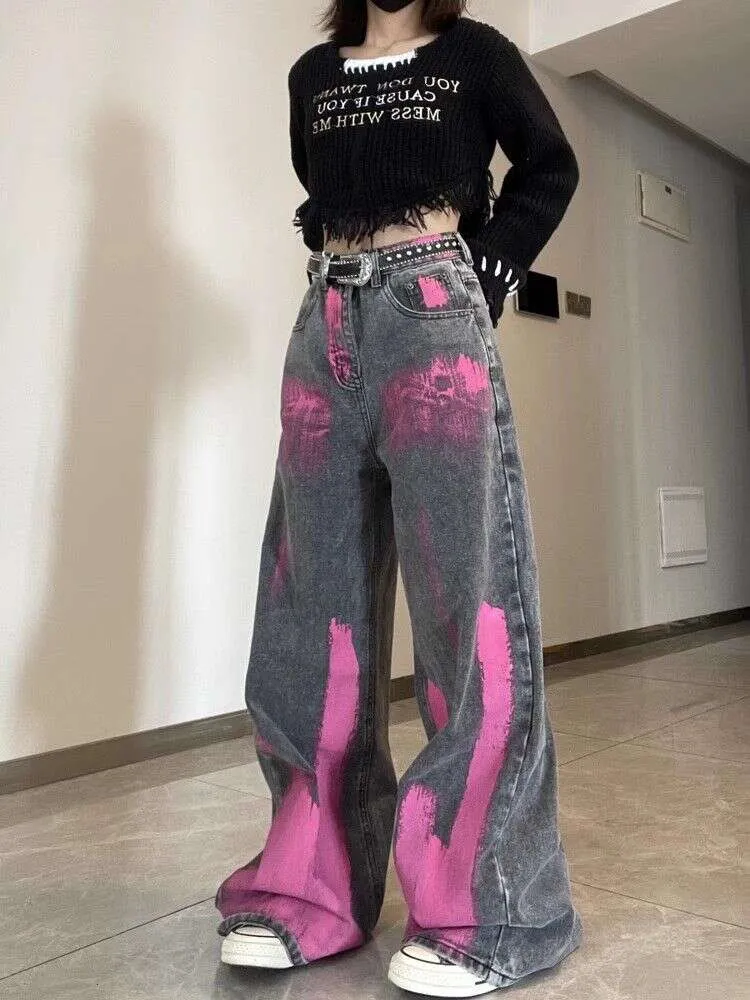 Graffiti Tie Dye Vibe Design Send American High Street Jeans Femme Automne et hiver Hiphop Long Pantalon