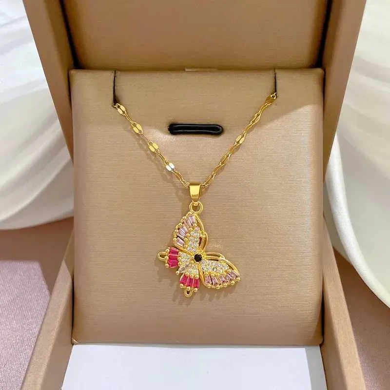 Colares Aço Inoxidável Elegante Declaração Borboleta Pingente Colar Strass Corrente para Mulheres Bling Cristal Gargantilha_voghion.com
