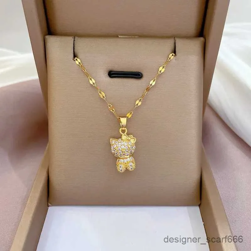 Necklaces Stainless Steel Gold Color Plated Pendant Supplies Micro Pave Zircon Beautiful Cat Bowknot Love Necklace For_voghion.com