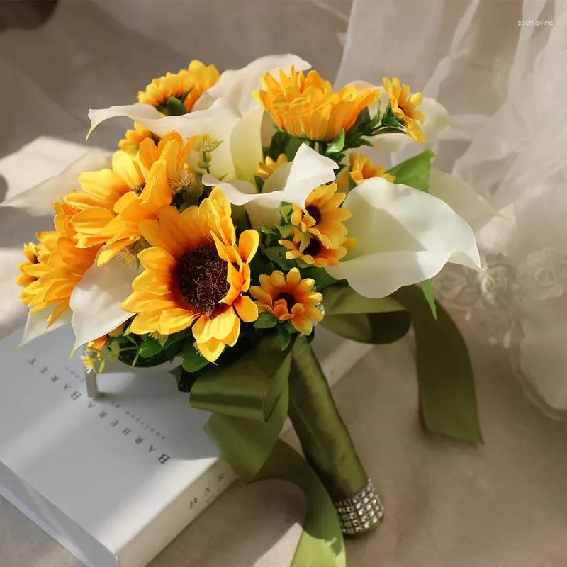 Bröllopsblommor gula solrosorcala lily buque de noiva buketter för brudar brosch utanför konstgjorda