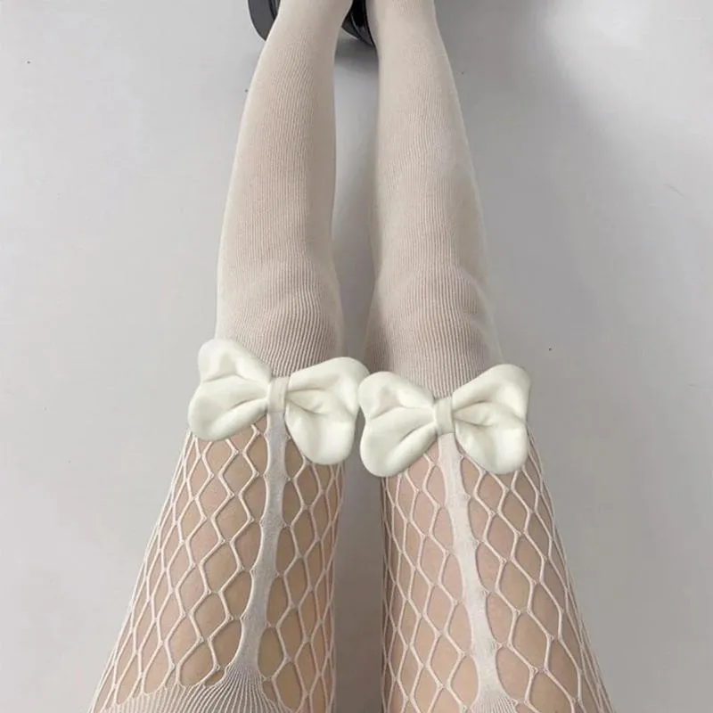 Women's Panties Fishnet Bow Korea Lady's Knitting Net Socks Intimate Plain See-Through Women Tights Lace Pantyhose Stripper Underwear In