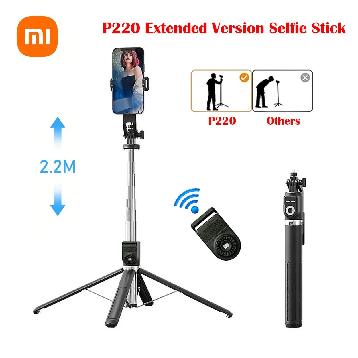 Sticks Xiaomi Versión extendida 2.2m Selfie Stick Tripod Phone Soporto Selfie Selfie con remoto inalámbrico Bluetooth y luz de relleno