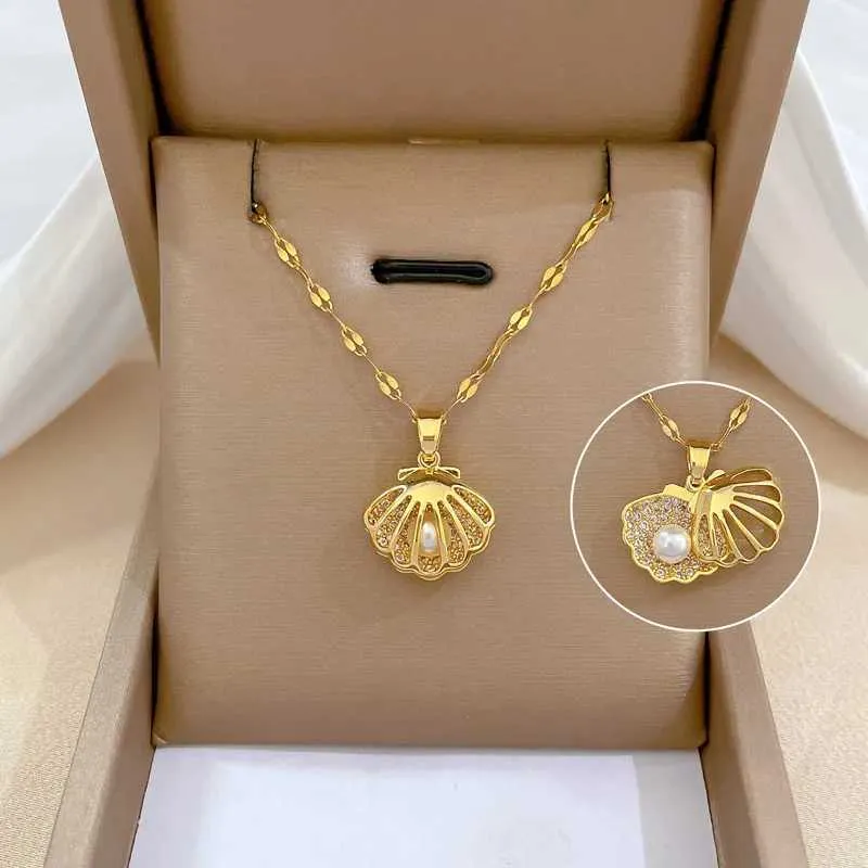 Pendant Necklaces Fashionable Light Personalized Micro-embellished Jewelry Shell Pearl Necklace Classic Stainless Steel_voghion.com