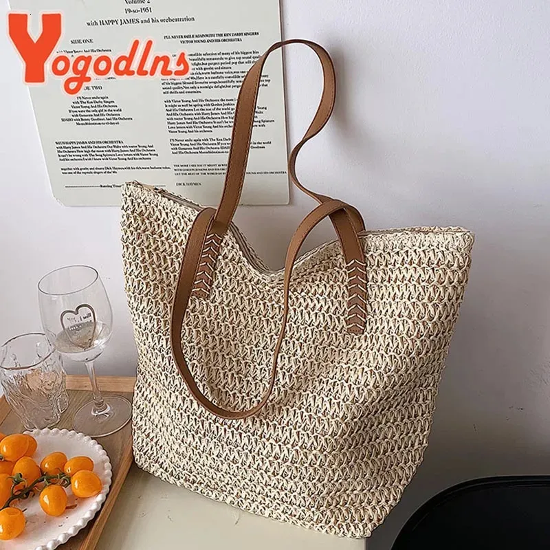 Yogodlns Summer Wheven Women Torba duża pojemność rattan na ramię wakacyjna nadmorska plaża Bagcasual Shopper Tote Fashion 240422