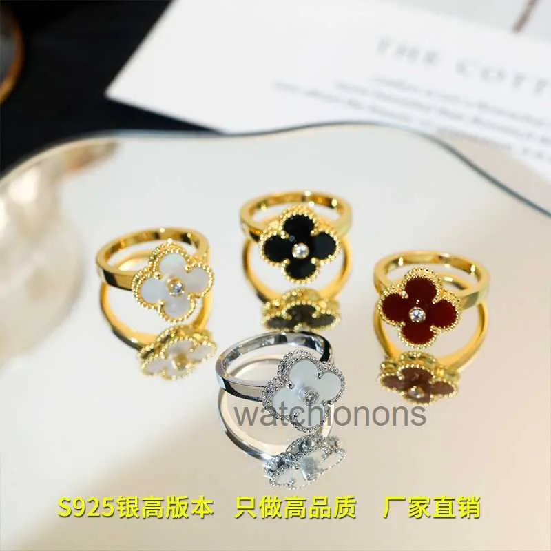 Avancerad lyxig ring fanjia Dique Yabao Lucky Clover S925 Silverpläterad 18K Röd Jade Marrow Malachite Diamond Set mångsidig för kvinnor