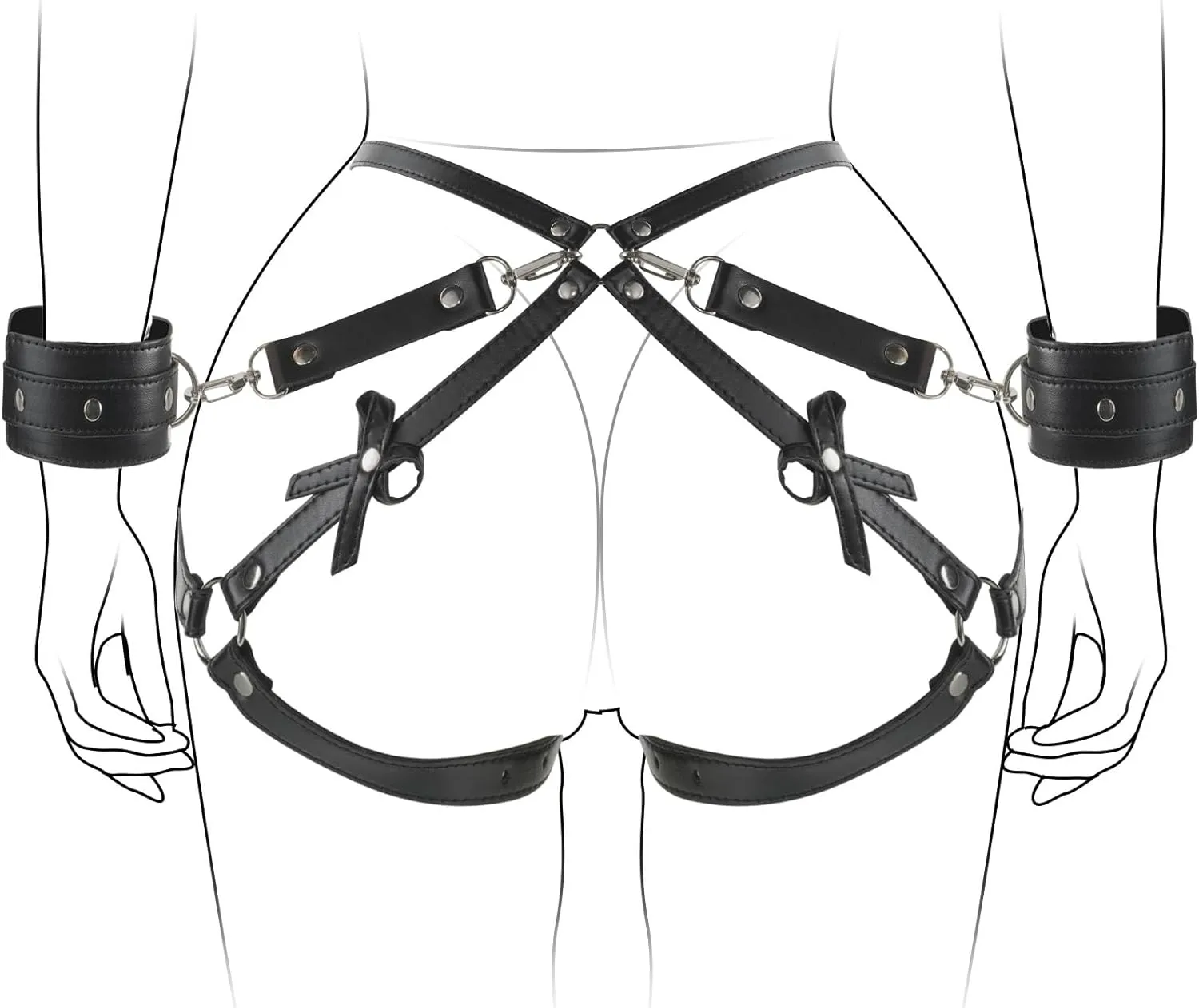 BDSM Body Harness, Bondage Restraints Kit with Wrists Cuffs Thigh Waist Sex Straps, SM Cortex Set for Women Couple