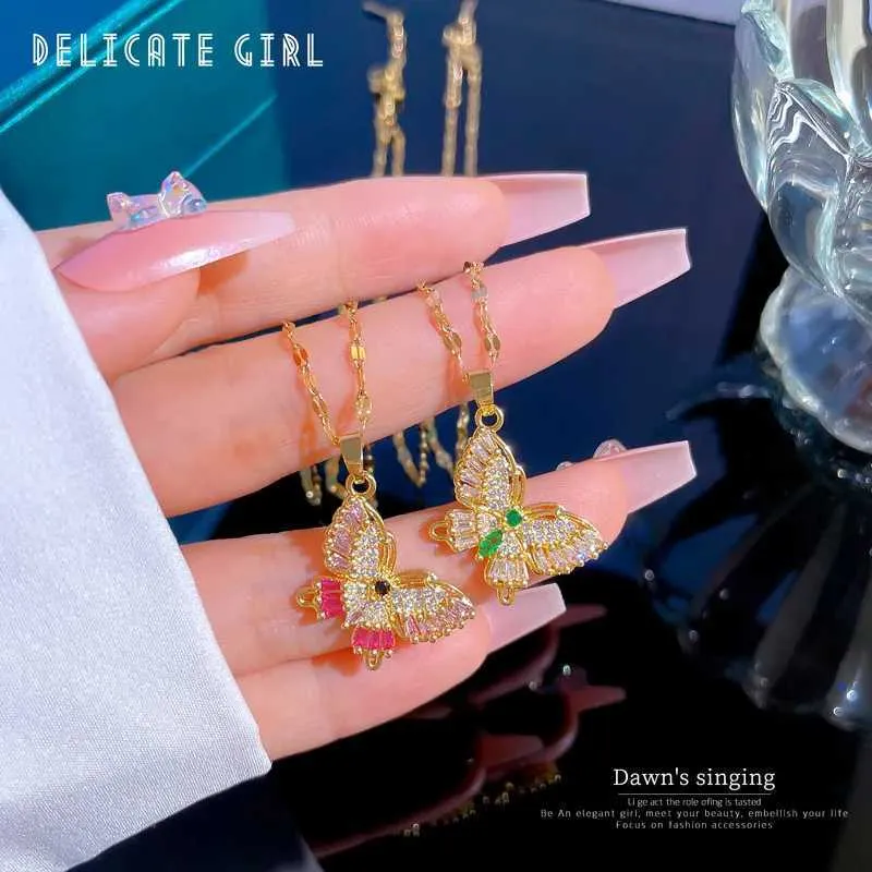 Colares Aço Inoxidável Elegante Declaração Borboleta Pingente Colar Strass Corrente para Mulheres Bling Cristal Gargantilha_voghion.com