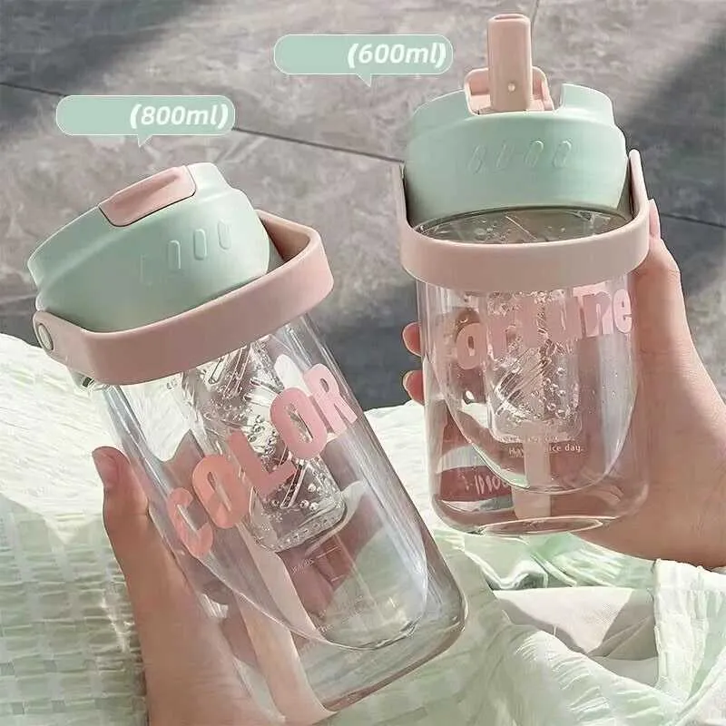 Tumblers Basit Öğrenci Su Kupası Fitness Saman Plastik Kahve Açık Seyahat Taşınabilir Suyu Şişesi H240425