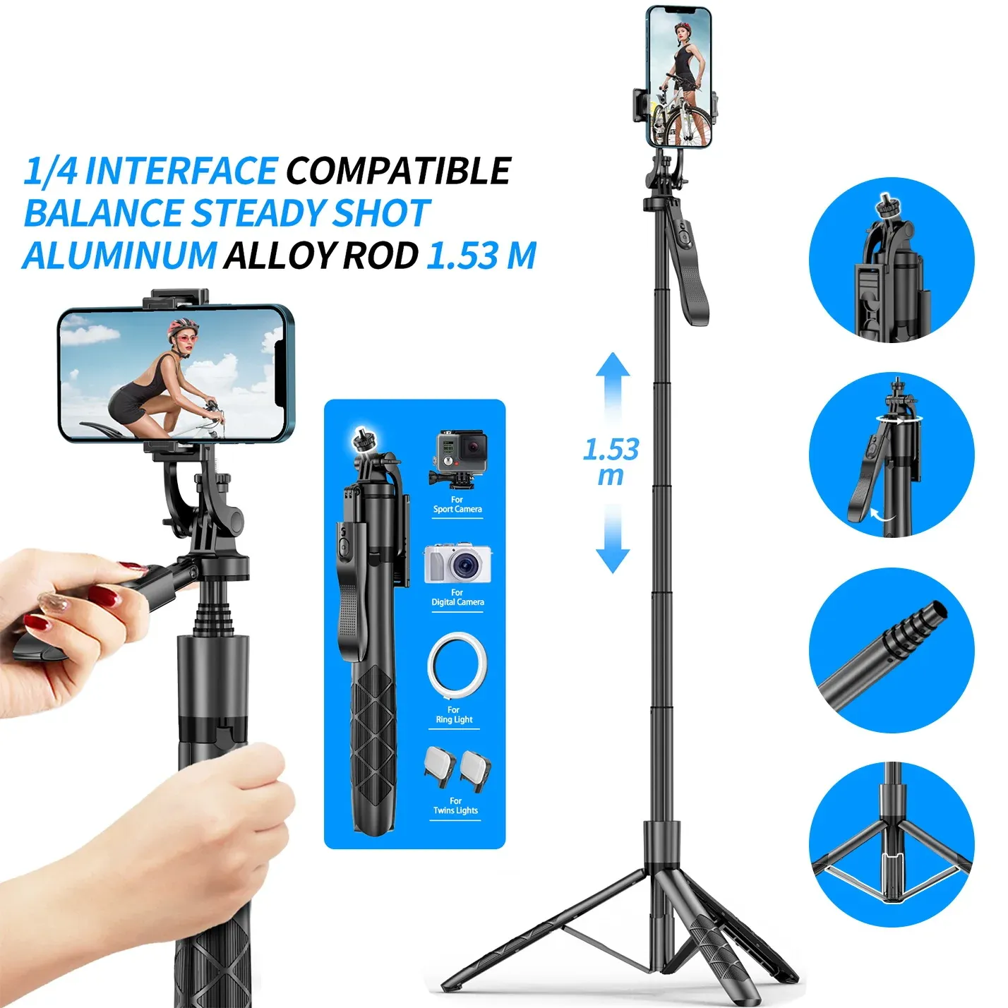 Ande de 1530 mm sem fio Selfie Stick Tripé Stand Telder Tripé para Mobile 1/4 Screw Interface para smartphone de câmera novo