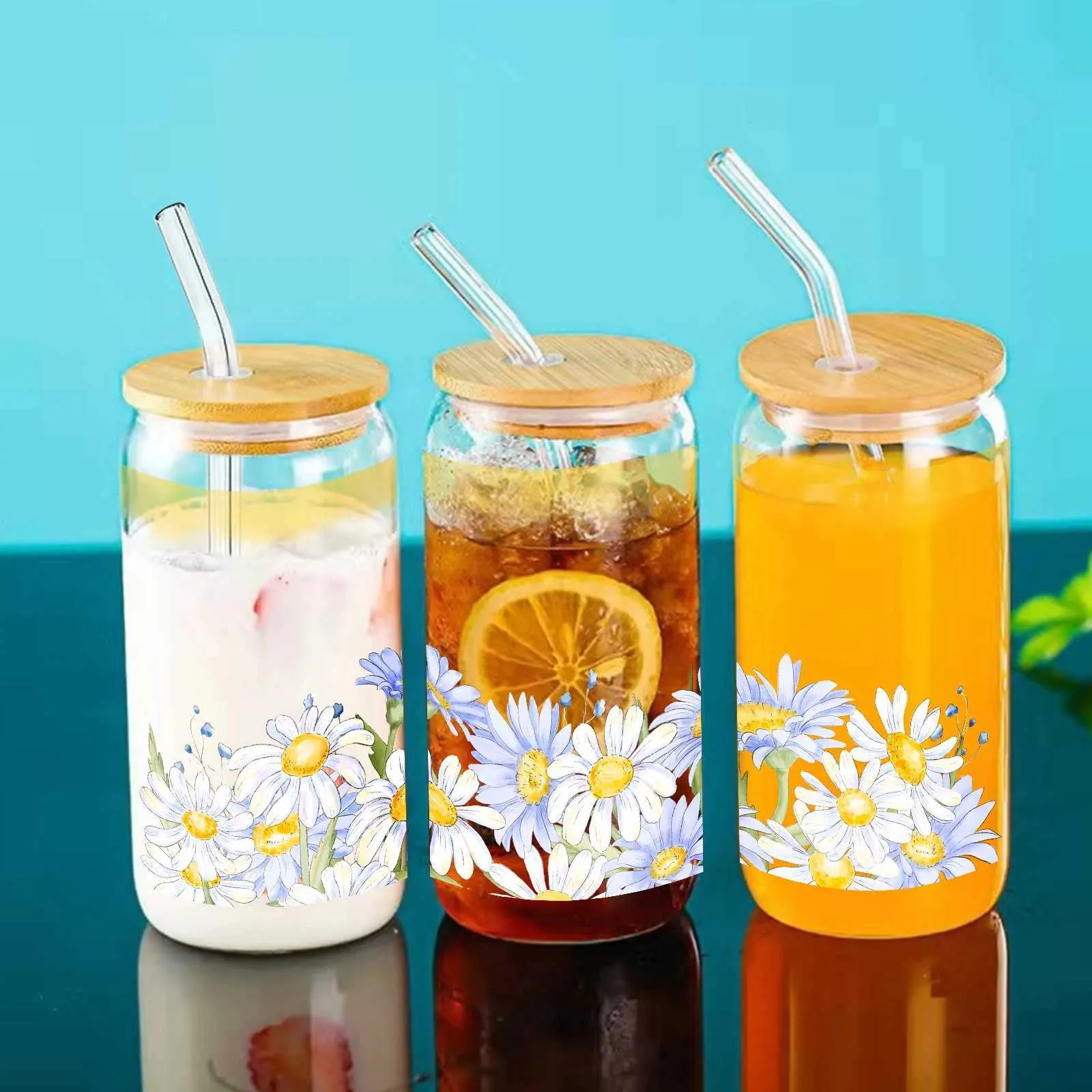 Tumblers Blue Daisy 3d Print 16oz Glass Cup Mason Can Water Bottles With Bamboo Lid Straw Drinking Soda Ice Coffee For Gift H240425