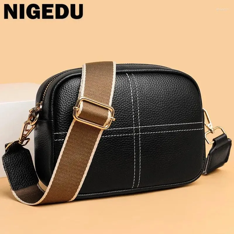 Drawstring Fashion Cowhide Cell Phone Shoulder Bag Brand Design Genuine Leather Women Messenger Bags Wide Strap Daily Use Wallet HandBags