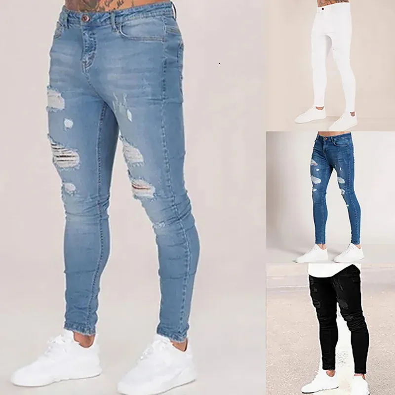 Pencil Pants Elastic Sweatpants Men Fit Solid Ripped Denim Harem Casual Black Blue White Destroyed Jeans 240417