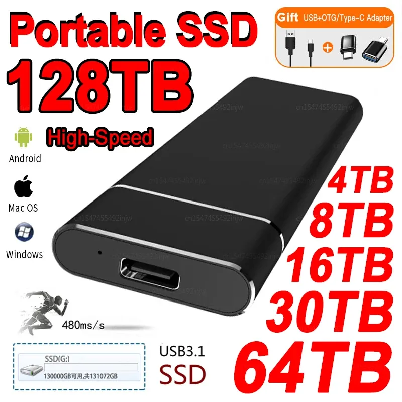 Boîtes portables HighSpeed External 128TB Solid State Drive 2TB SSD Mobile Storage Device USB3.1 Disque dur pour ordinateur portable / ordinateur / Mac