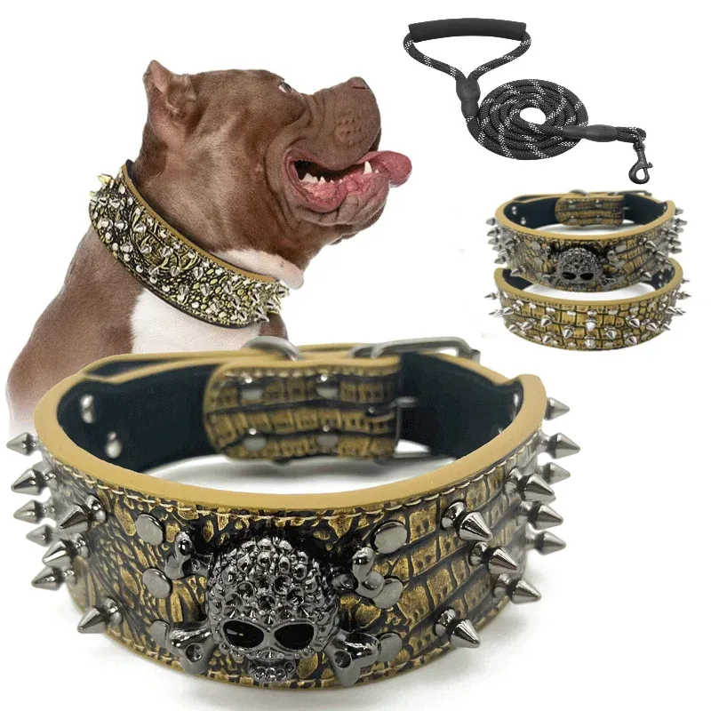 Collars Dog Collar Spiked Studded Pet Necklace with Traction Rope For Small Medium Dogs Bulldog Adjustable AntiBite Collar