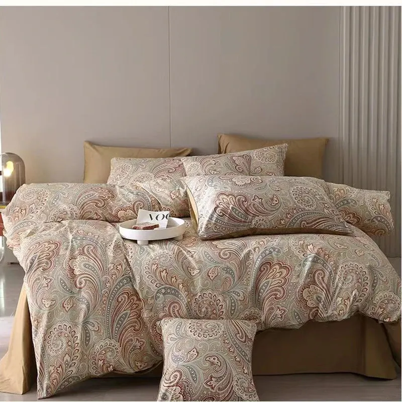 Conjunto de cama de 4pcs 300TC Tampa de edredão de cetim de algodão egípcia Twin Queen King Size e lençol de casal Profe de uma folha impressa 240422