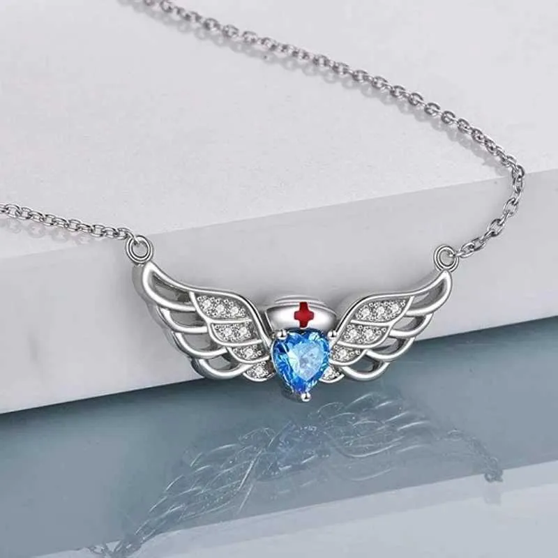 Pendant Necklaces Exquisite White Guardian Lady Necklace Blue Jewelry Strap Angel Wing Doctor Nurse Theme Halloween_voghion.com