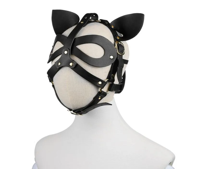 Adult Anime Cosplay Harness Bondage Head Hood Cat Ears Leather Mask for Face Women Men Couples Accessories Sex Toys Black Red 22071961460