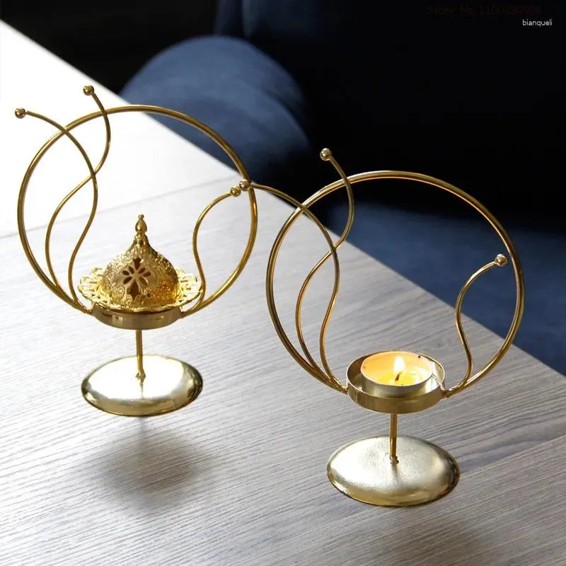 Kandelaars Arabische stijl goud wierookbrander multifunctionele kandelaar ramadan decoratie moderne eenvoudige metalen oven
