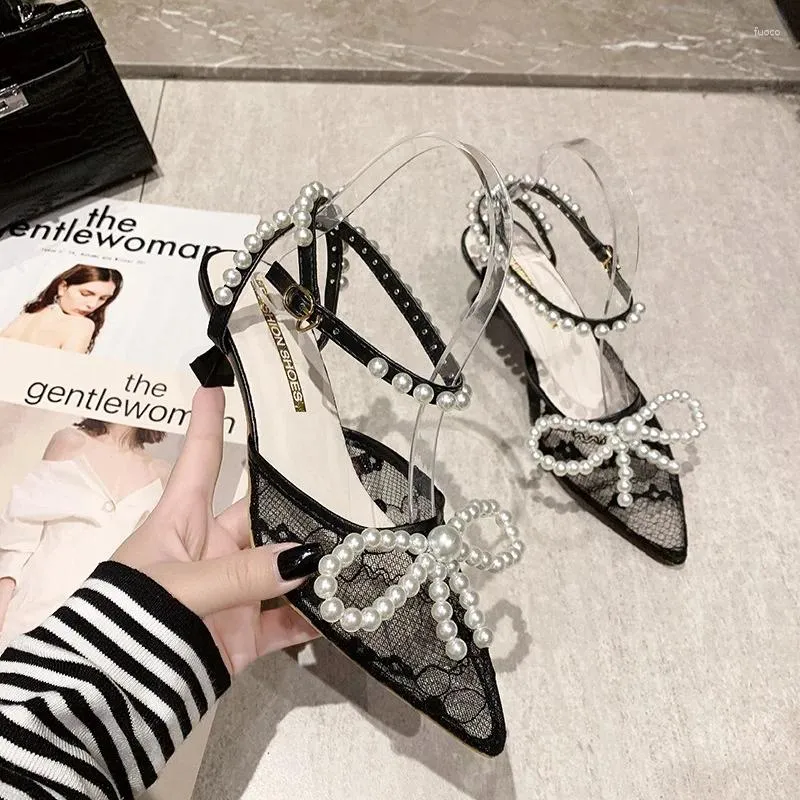 Stiletto Sandals For Women With Floral Stitch Detailing And Pointed Toe Elegant Black main image 1