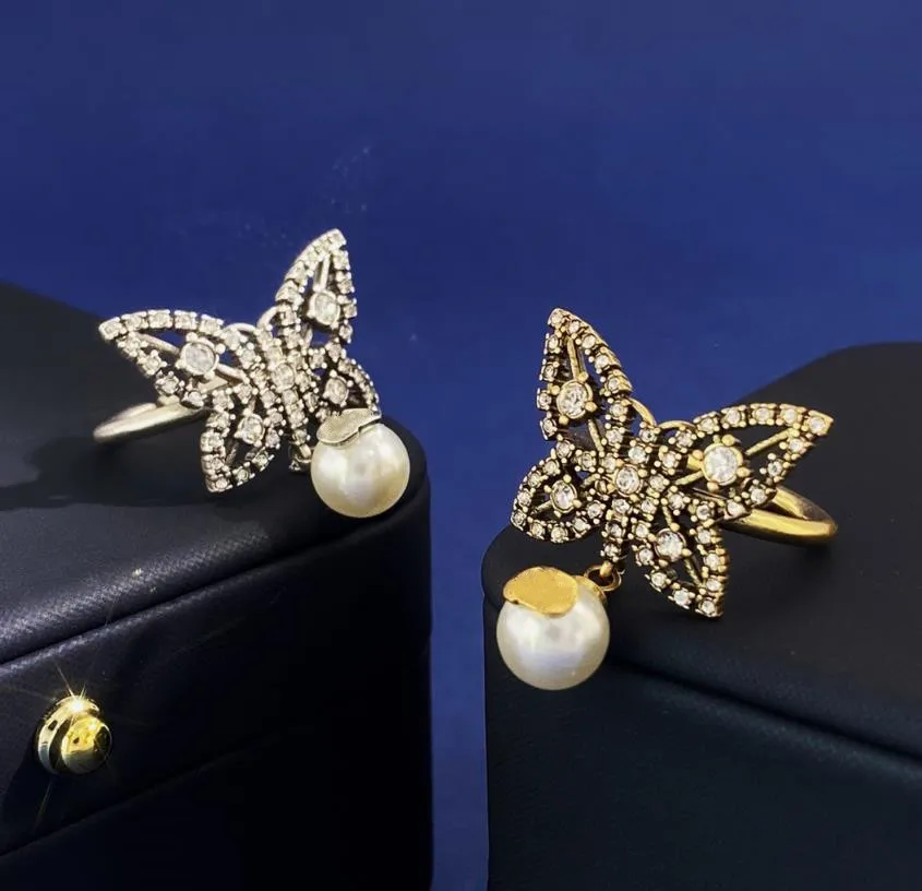 Designer Butterfly Anneaux Fashion Rhingestone Crystal Pearl Ring Jewelry Luxury Gold Copper Anneaux de fiançailles