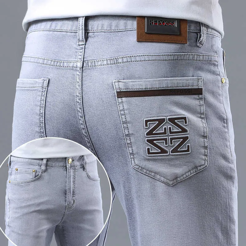 Jeans European Mens Light Gray High End Simple Youth Slim Fit Small Feet Pants Thin Fashion Brand Elastic