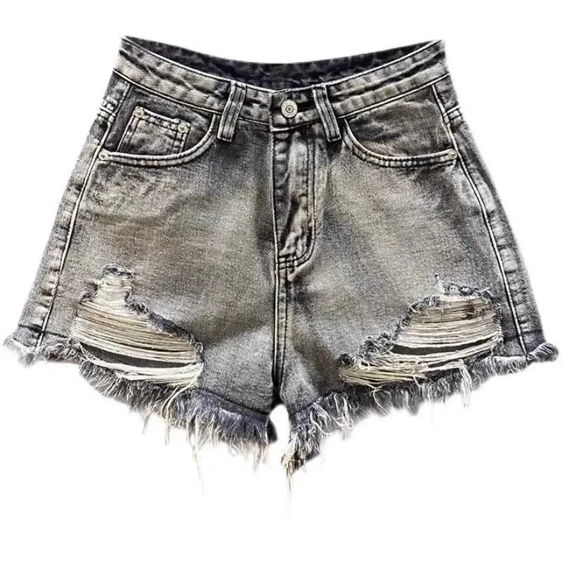 Women's Shorts Worn Legs with Rough Edges Washed Black Denim Shorts 2024 Summer New Women Fashion A-line Wide Leg Hole Ripped Denim Shorts Y240425