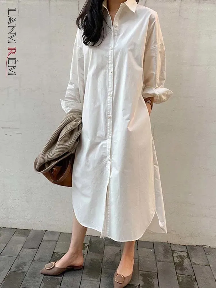 Casual Dresses Lanmrem Loose White Dress for Women Lapel långa ärmar Single Breasted Backside Button Female Simple Clothes 2DA2858