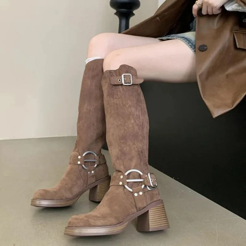 Kledingschoenen Nubuck westelijke cowboylaarzen voor vrouwen echt leer dikke hiel kort retro vierkant teen bruin hoge kniehoogte