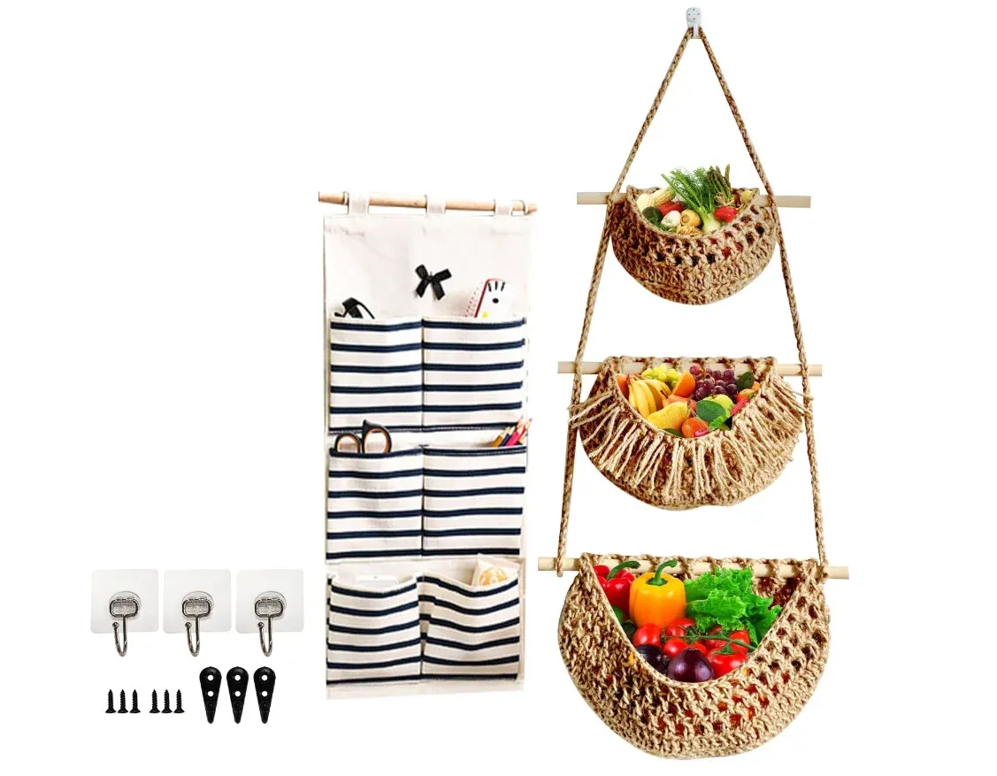 Paniers oho décor pending paniers de fruits et un petit sac de rangement à 3 niveaux 3 pack de cuisine tissée à la main.