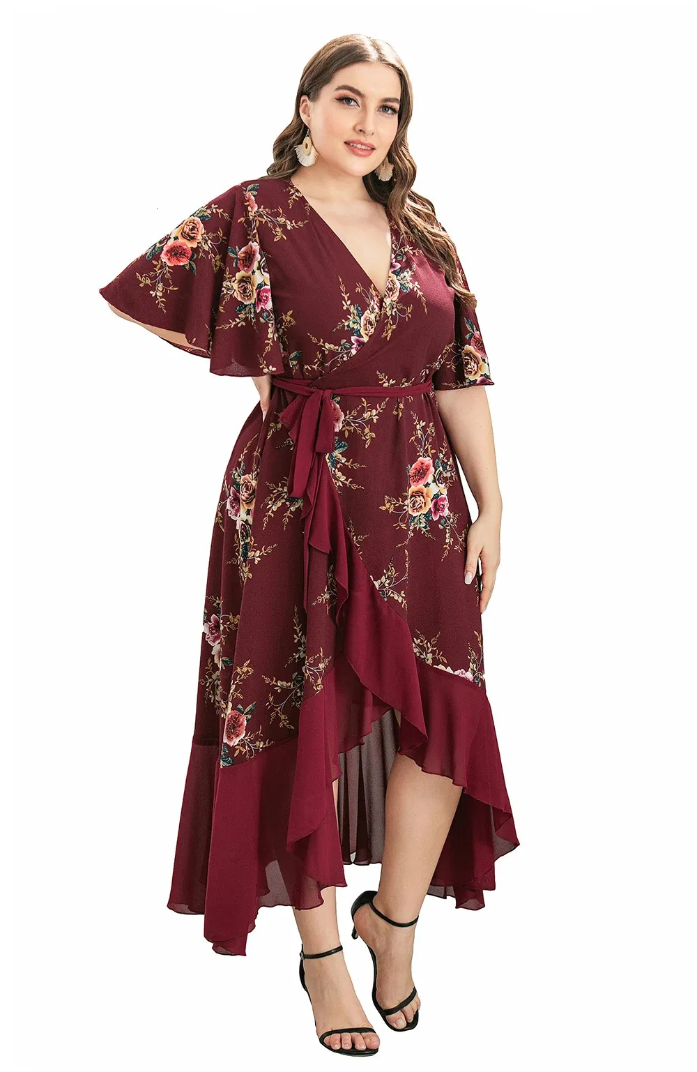 Taille plus de taille florale Maxi Long Bohemian Wrap Robes pour femmes 240419