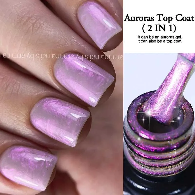 Nail Polish LILYCUTE 2 In 1 Aurora Top Coat Sparking Gel Nail Polish Semi Permanent UV Gel Function Top Coat Soak Off UV LED Nail Art Vernis Y240425