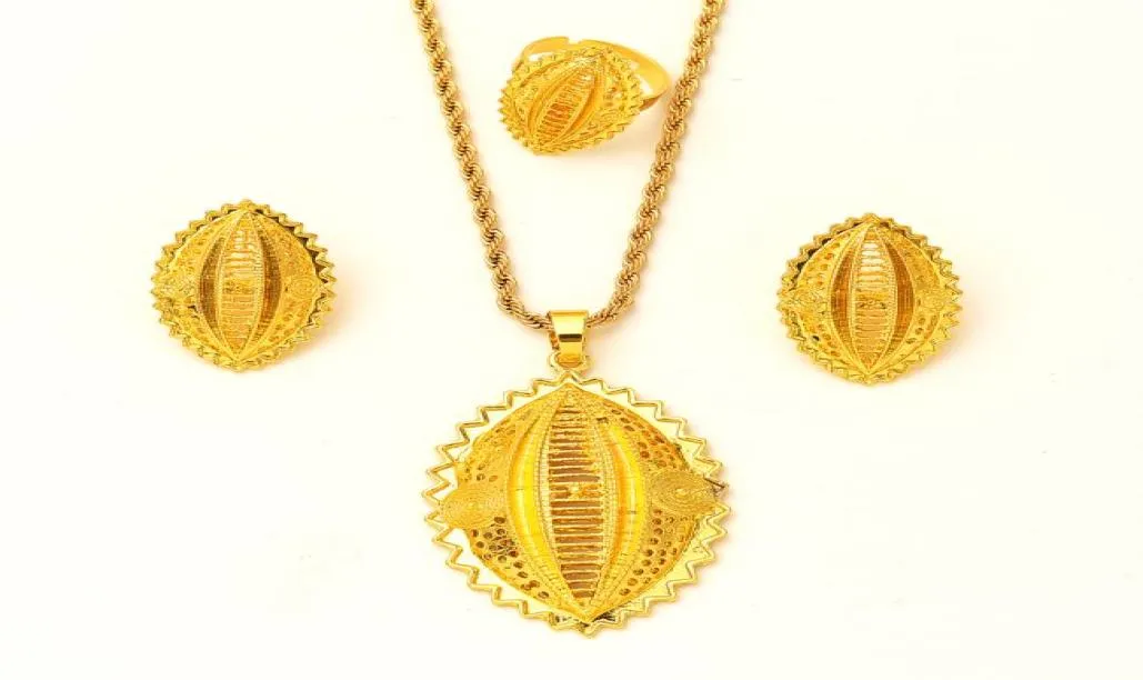 Ethiopian Gold Color Pendant Necklaces Earrings Ring Habesha Eritrean Wedding Jewelry Sets7192345