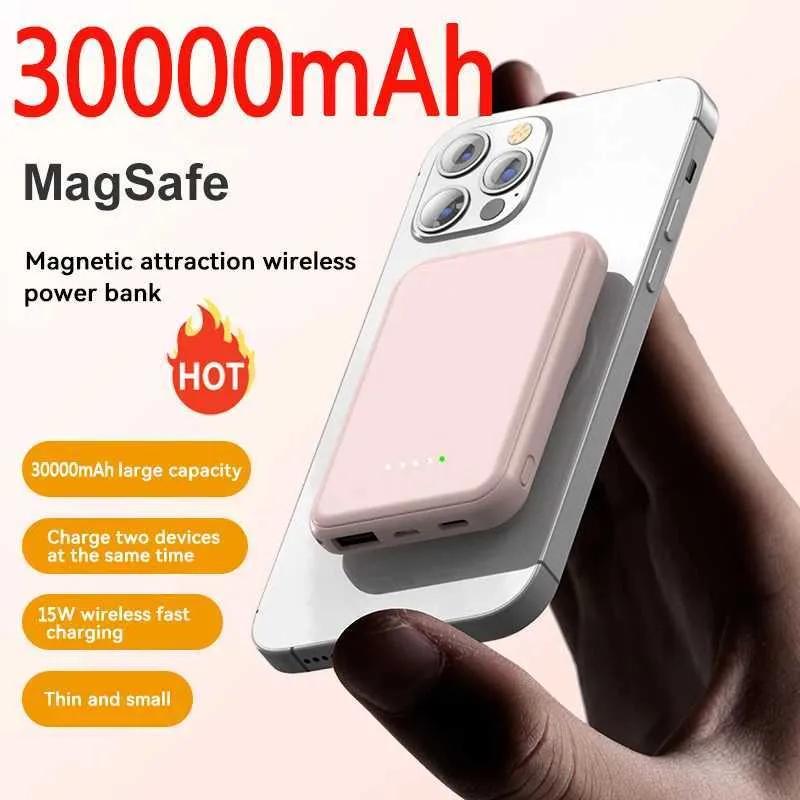 Banki zasilania telefonu komórkowego 30000MAH Power Bank Mini Magsafe Szybkie szybkie ładowanie cienkie przenośne akcesorium telefonu odpowiednie dla iPhone'a 15 14 Samsung Huawei 240424