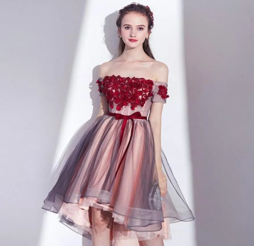 Aline Bateau Empire Knee Length Asymmetrical Tulle Cocktail Party Evening Dress with Hands Made Rose Flowers5553896