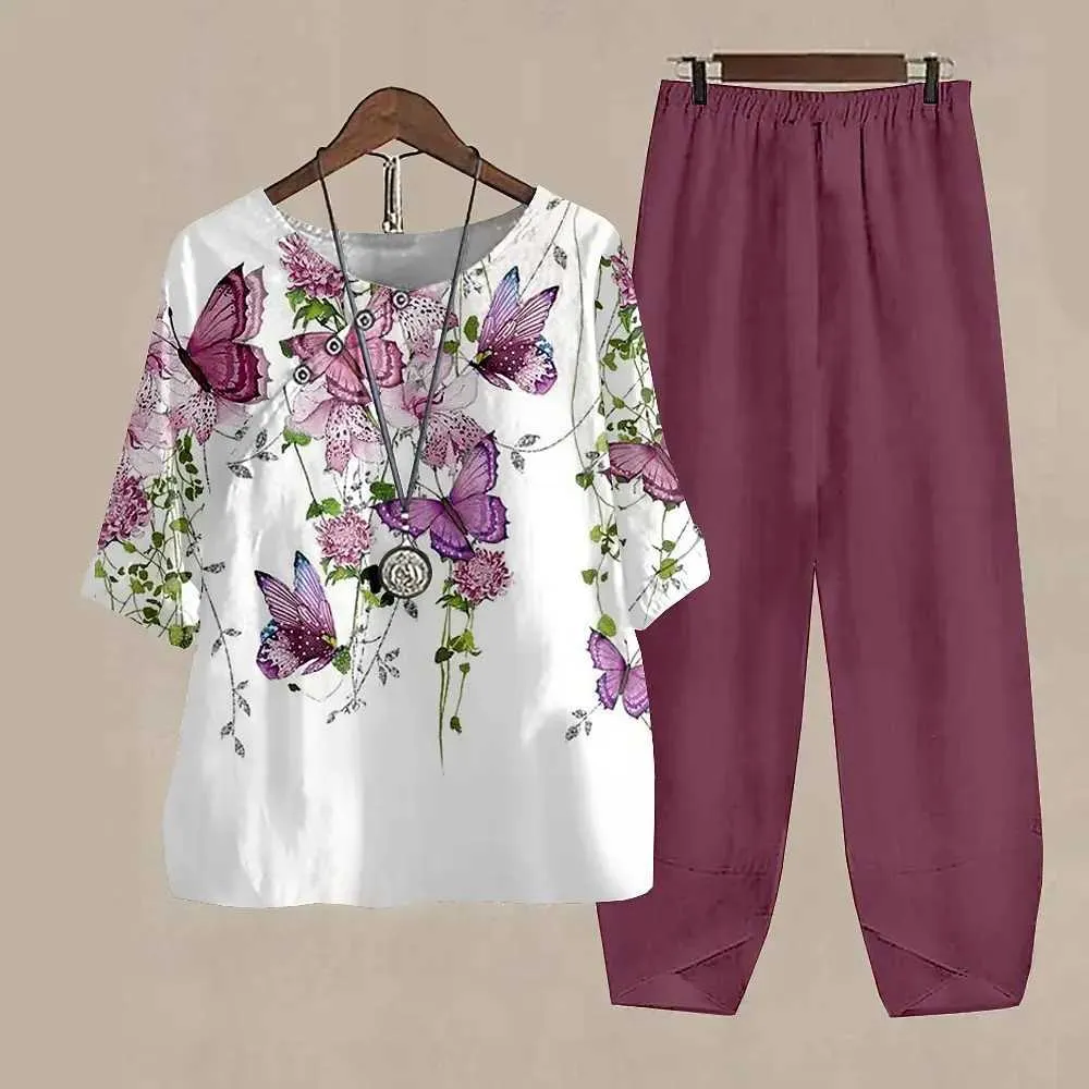 Women's Two Piece Pants Ladies Elegant Vintage Suit Butterfly Print White Two Piece Set Casual Female Loose Outfits O Neck Short Slve Shirt With Pants Y240426