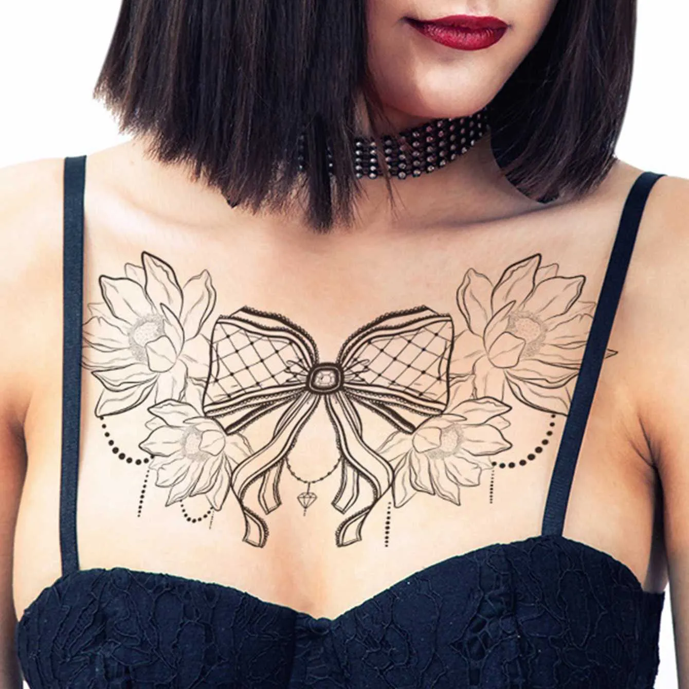 Tatuagem Transferência de tatuagem Impermeável Tattoo Tattoo Adesivo Flor Geometria Bow Sexy Fake Tatto Flash Tatoo Tato de peito para meninas Mulheres 240426